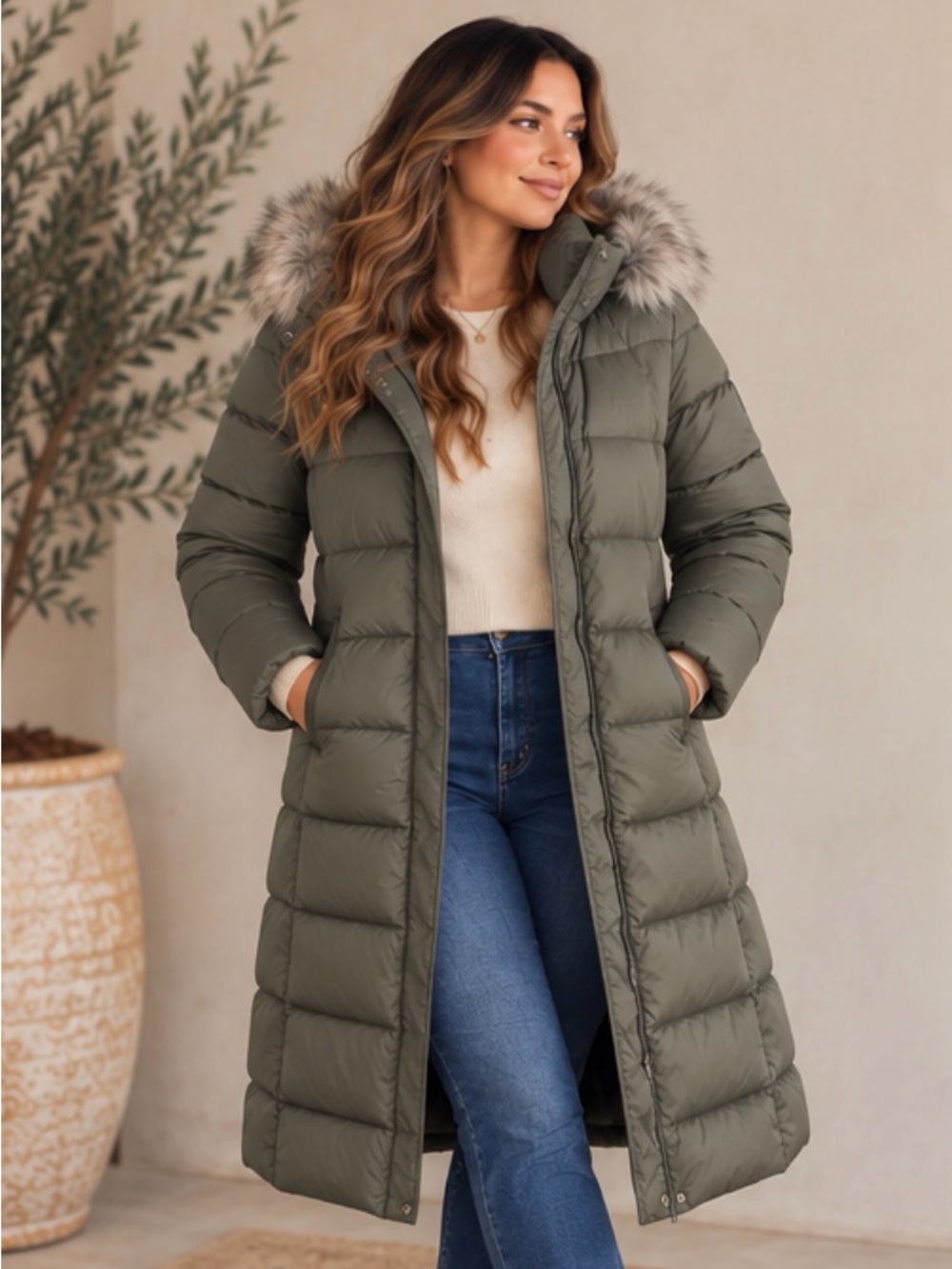 UNIQLO Women’s S Long Down Puffer Coat Faux Fur Hood Quilted Winter Jacket